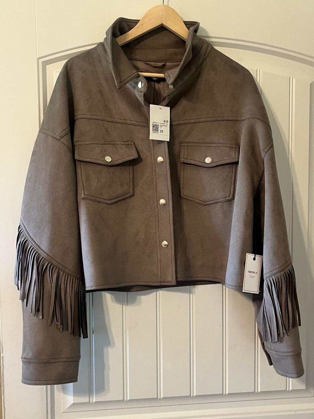 Forever 21 Cropped Fringe Suede-Look Jacket - grey